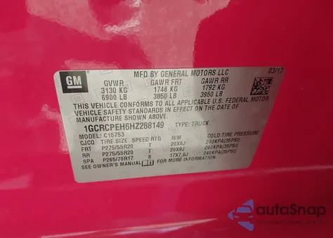 2017 Chevrolet Silverado 1500 Custom z USA, uszkodzony, nr VIN 1GCRCPEH6HZ288149